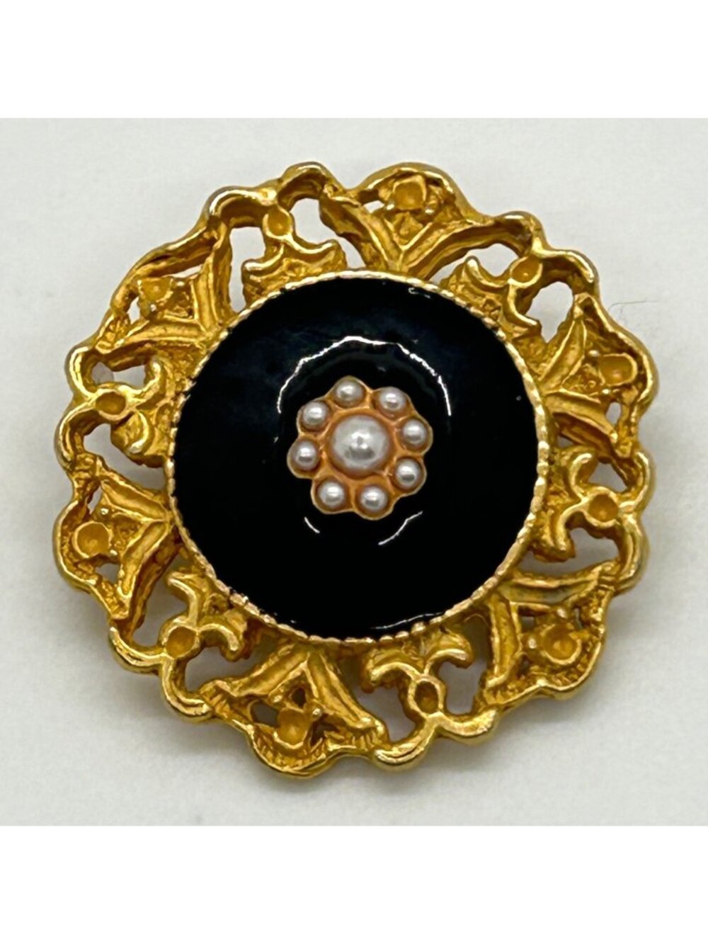 Victorian Revival Brooch Black Enamel Pearl Flower Gold Tone Filigree Pin Gothic - Picture 1 of 10